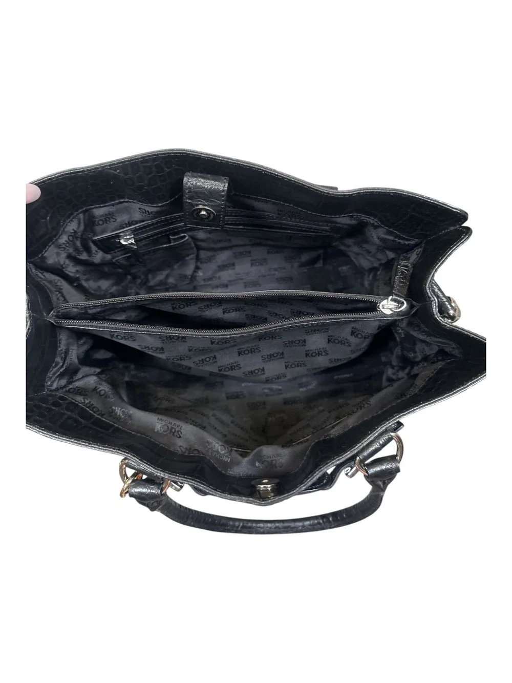 MICHAEL Michael Kors Hamilton Black Croc-Embossed Leather Satchel Shoulder Bag